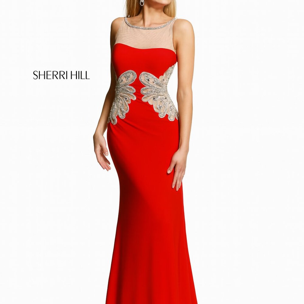 NWT Sherri Hill evening gown, prom dress, stretchy red/silver, open back, size 8